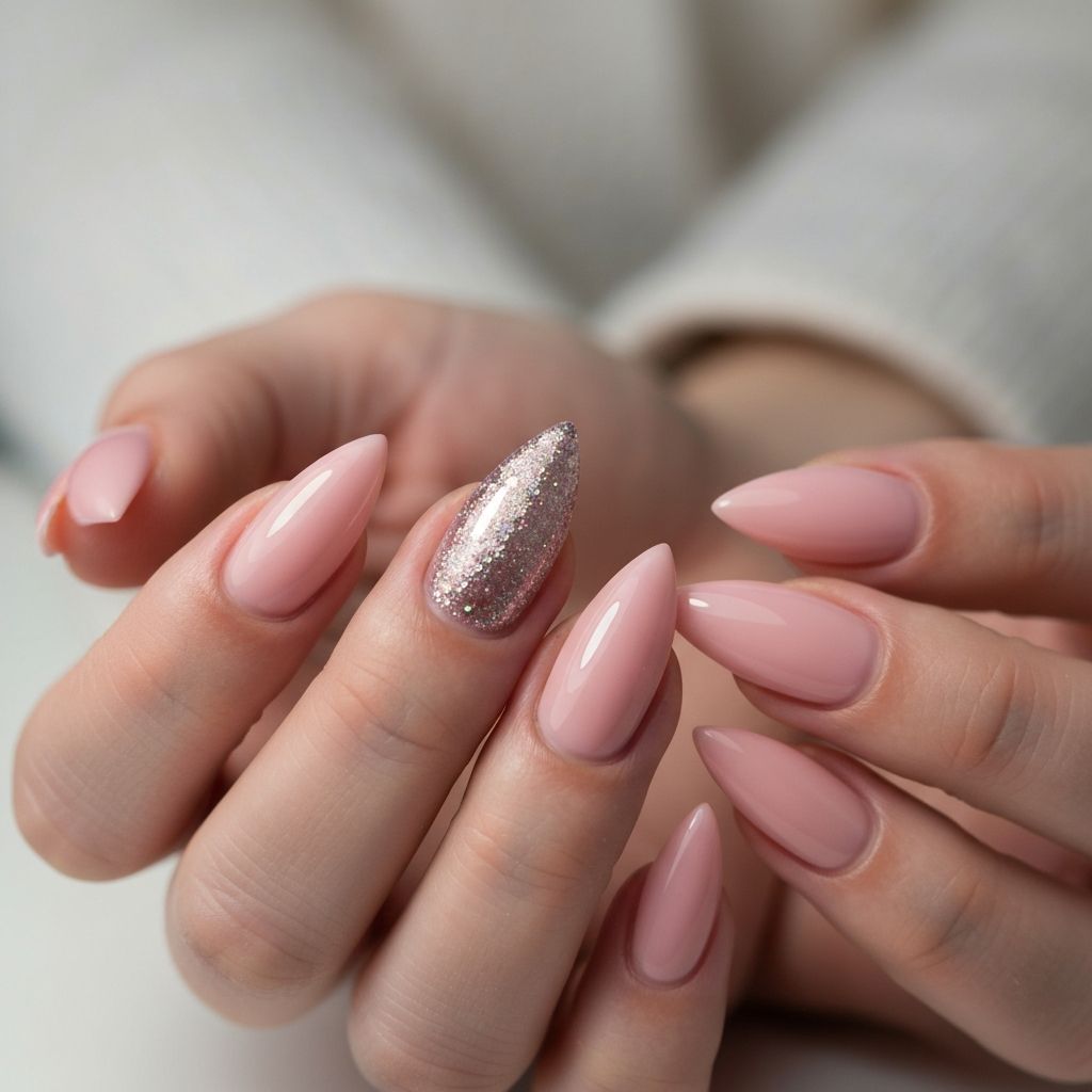 Blush pink stiletto nails with glitter